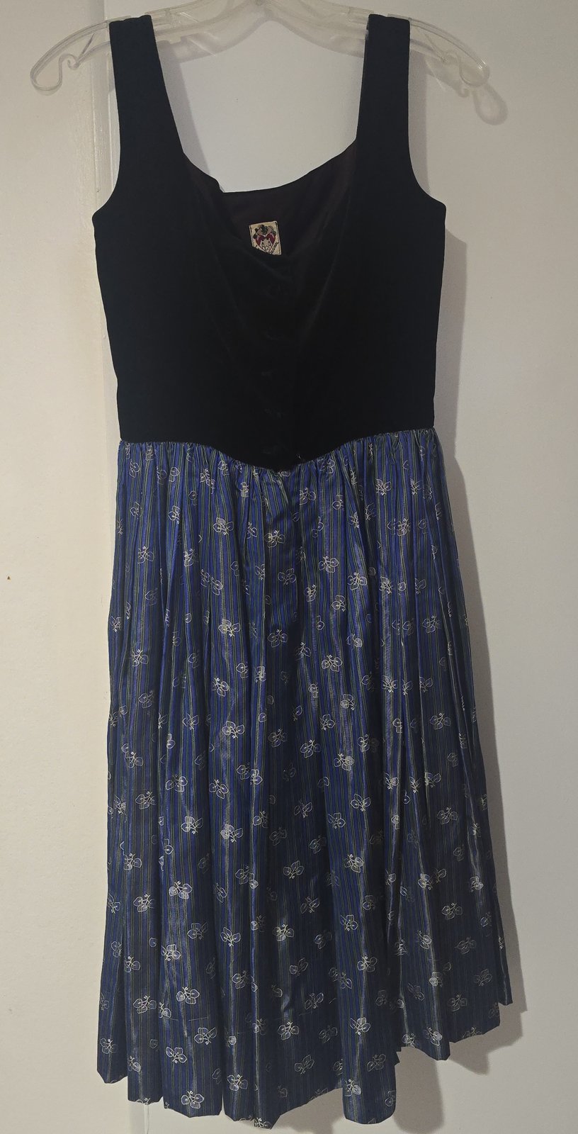 Vintage Lanz Original Black Velvet Blue Floral Taffeta Party Dress